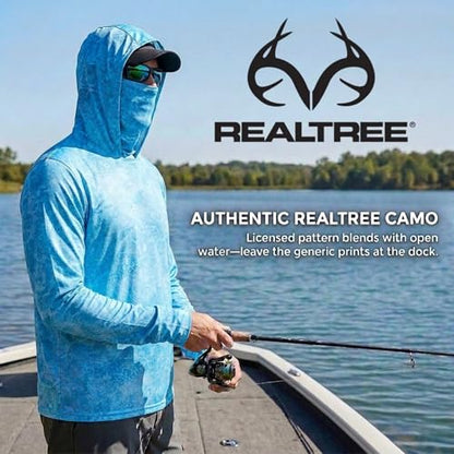 Tough Outfitters Hooded Fishing Shirt UPF 50+ Realtree Camo Sun Hoodie for Men Women – Long Sleeve UV Protection Lightweight - color: Blue, size: Medium