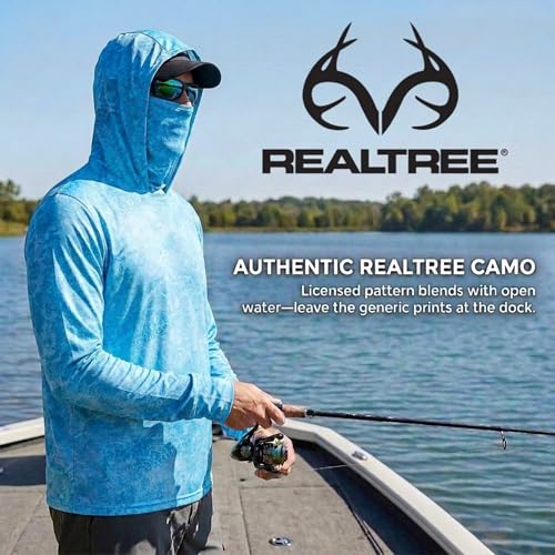 Tough Outfitters Hooded Fishing Shirt UPF 50+ Realtree Camo Sun Hoodie for Men Women – Long Sleeve UV Protection Lightweight - color: Blue, size: X-Large