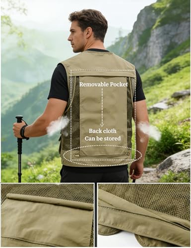 Men's Lightweight Mesh Fishing Vest Utility Outdoor Multi-Pocket Hunting Cargo Vest - color: Khaki, size: Large