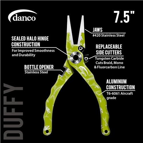 Gambler danco Duffy 7.5-inch Fishing Needle Nose Pliers with Line Cutters, Aircraft Grade Aluminum Fishing Gear, Saltwater Resistant Fishing Tools, Rubberized Pain (Chartreuse Fish Skeleton) - color: Chartreuse Fish Skeleton