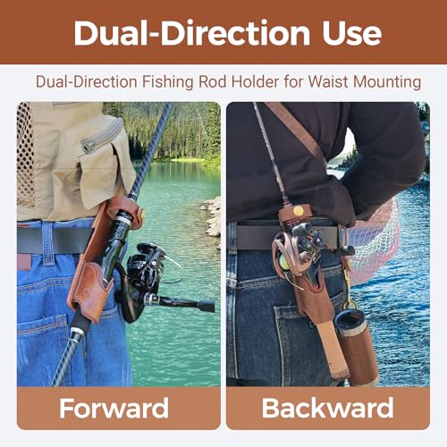 Brown Leather Fishing Rod Holster | Single Slot Belt Mount Carrier for Surf Fishing & Wading | Hands-Free Compatible with Fly Reels and Spinning Reels - color: Dark Brown