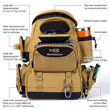BASSDASH Fishing Tackle Backpack Water Resistant Tactical Bag Soft Tackle Box with Rod Holder and Protective Rain Cover - color: British Khaki Backpack [3600] With 3 Trays