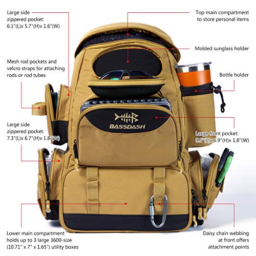 BASSDASH Fishing Tackle Backpack Water Resistant Tactical Bag Soft Tackle Box with Rod Holder and Protective Rain Cover - color: British Khaki Backpack [3600] Without Trays