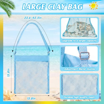 VioraWhite 2 Pcs Extra Large 14 x 16inch Clam Mesh Chum Beach Bags for Seashells Clams Treasures Sand Away Foldable Shell Collection Bags with Adjustable Straps (Purple,Blue) - color: Purple,Blue