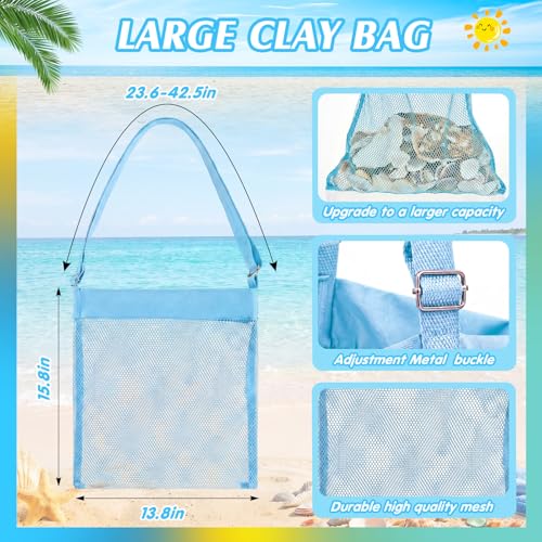 VioraWhite 2 Pcs Extra Large 14 x 16inch Clam Mesh Chum Beach Bags for Seashells Clams Treasures Sand Away Foldable Shell Collection Bags with Adjustable Straps (Blue) - color: Blue