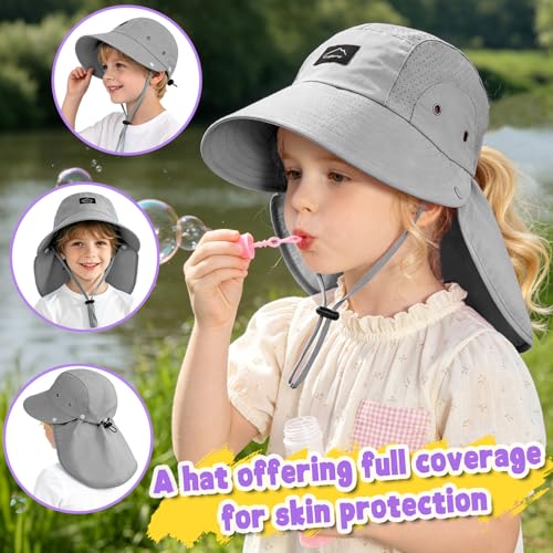 Kids Sun Hat with Detachable Neck Flap for Boys & Girls Wide Brim Fishing Hat for Kids Water Resistant UV Protection - color: 1 Pack-dark Gray