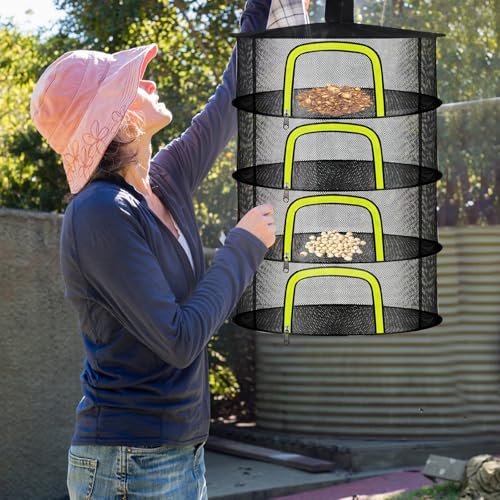 4 Layer Herb Drying Rack, Hanging Mesh Net, Foldable Plant Drying Rack with U-Shaped Zipper, Garden Trimming Shears and Hooks, for Drying Herbs Plants, Fruits, Seafood, Clothing - size: 4 Layers-23.62''