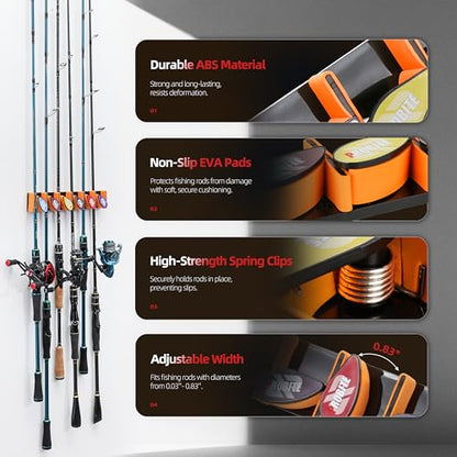 Wall Mounted Fishing Rod Holder for Garage, Horizontal & Vertical Fishing Rod Rack, Fishing Pole Storage with Soft EVA Protective Pad, Holds Up to 6 Rods or Combos, Fits Most Fishing Poles