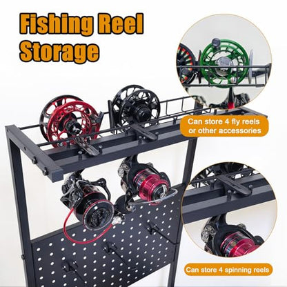 Aventik Fishing Rod Holders For Garage, 3-Tier Fishing Rod Rack Store 12 Rods& 8 Reels, Heavy Duty Pegboard Freestanding Rod Rack