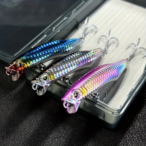Saltwater Fishing Lures Kit, 3pcs Fishing Sriper Lures Minnow Lures Deep Diving Jerkbait, Crankbait Popper Plugs Hardbaits with Treble Hooks for Inshore Offshore Ocean Sea Fishing (A1-3.7'' 0.75oz)