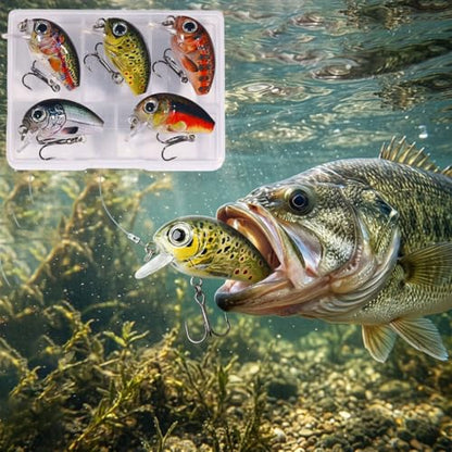 5 Pcs Mini Fishing Crankbaits Kit,Realistic 3D Eyes Floating Swimbait for Bass, Trout, Perch, Walleye,with Tackle Box