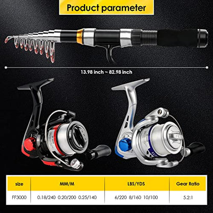 Telescopic Fishing Rod Reel Combo 2PCS 6.89FT Collapsible Fishing Pole Spinning Reel Lures Accessories with Fishing Bag Portable Fishing Rod Kit for Saltwater Freshwater Travel Fishermen Gift - color: Black