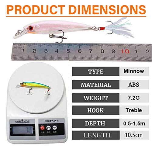 Minnow Fishing Lures Hard Bait Life-Like Swimbait Bass Crankbait 3D Fishing Eyes Treble Hooks Flasher Feathers for Bass Trout Walleye Redfish Saltwater Freshwater