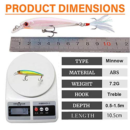 Minnow Fishing Lures Hard Bait Life-Like Swimbait Bass Crankbait 3D Fishing Eyes Treble Hooks Flasher Feathers for Bass Trout Walleye Redfish Saltwater Freshwater