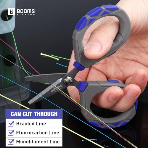 Booms Fishing Braided Line Scissors: Micro-Serrated Stainless Steel Blades Line Cutter - XW01 4.1" Fishing Serrated Shears with Coiled Lanyard - style: Scissors + Coiled Lanyard