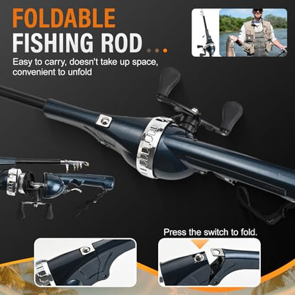 Foldable Fishing Rod, 2025 New Easy Fish Collapsible Folding Pole, Pocket Telescopic Fishing Rod with Reel Combo, Rod and Wheel Integrated