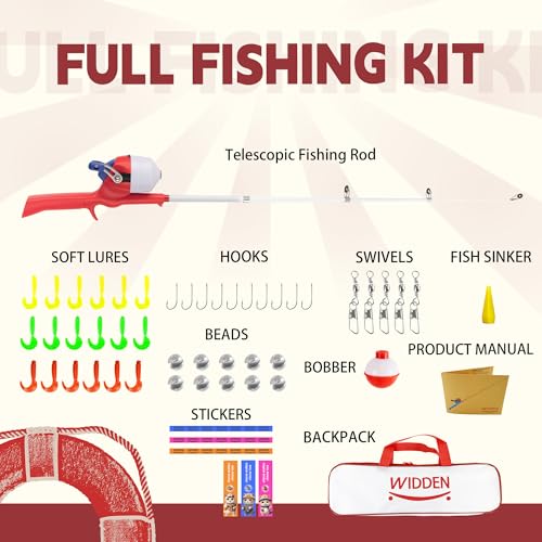 Kids Fishing Pole, Telescopic Fishing Rod, Toddler Collapsible Fishing Rod and Reel Combo with Tackle Box, Fishing Line, Bobber, and Soft Lures for Boy, Girl, Youth, Beginner, Over 4 Years Old - color: red