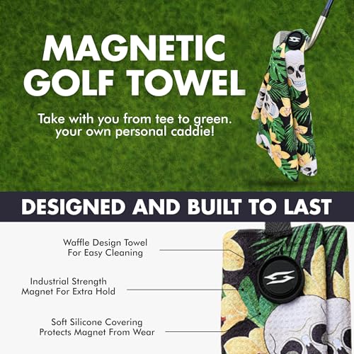Magnetic Microfiber Waffle Golf Towel – Large 16"x24" Clean Golf Club Ball Magnet Clip to Hang on Bag Cart Strong Premium Strength Ultra Absorbent Gear Tropical Men (Hawaiian Skulls) - color: Hawaian Skulls