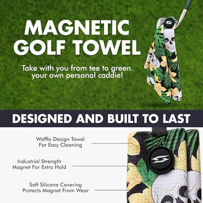 Magnetic Microfiber Waffle Golf Towel – Large 16"x24" Clean Golf Club Ball Magnet Clip to Hang on Bag Cart Strong Premium Strength Ultra Absorbent Gear Tropical Men (Hawaiian Skulls) - color: Hawaian Skulls