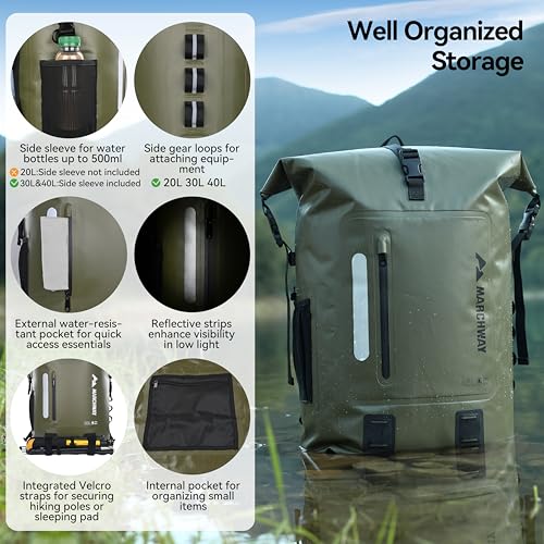 MARCHWAY Roll Top Waterproof Backpack, Floating Dry Bag 20L/30L/45L with Ergonomic Rectangular Base, Cushioned Back, Hip Strap for Hiking Camping Kayaking Travel (Army Green, 45L) - color: Army Green, size: 45L