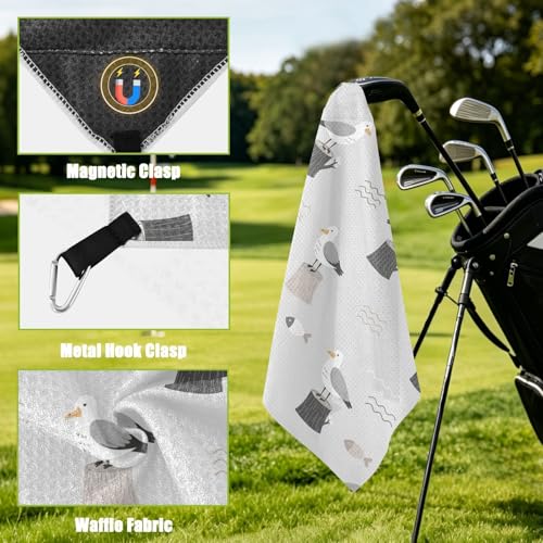 Seagull Fish Gray Print Magnetic Golf Towel for Golf Bags Microfiber Golf Essentials for Men Women with Carabiner Clip Attaches to Carts and Clubs, 17.7"x17.7"