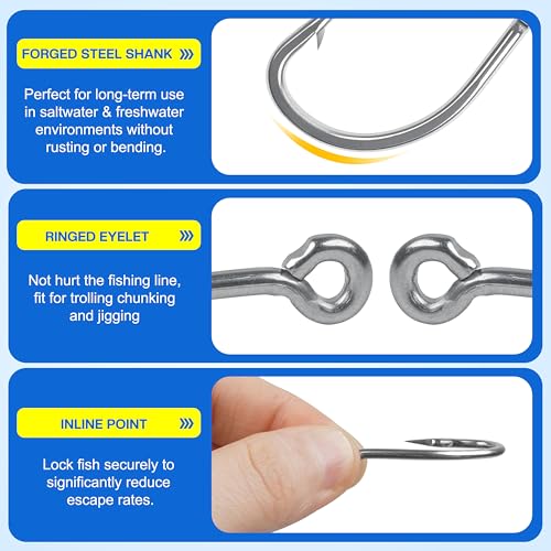 Live Bait Hooks Saltwater, 50pcs O'shaughnessy Circle Hooks Short Shank Stainless Steel Fishing Hooks in-Line Point Fishing J Hooks for Catfish Tuna Bass Salmon Size 1#-5/0 - size: 1/0-50pcs