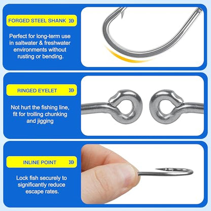 Live Bait Hooks Saltwater, 50pcs O'shaughnessy Circle Hooks Short Shank Stainless Steel Fishing Hooks in-Line Point Fishing J Hooks for Catfish Tuna Bass Salmon Size 1#-5/0 - size: 1#-50pcs