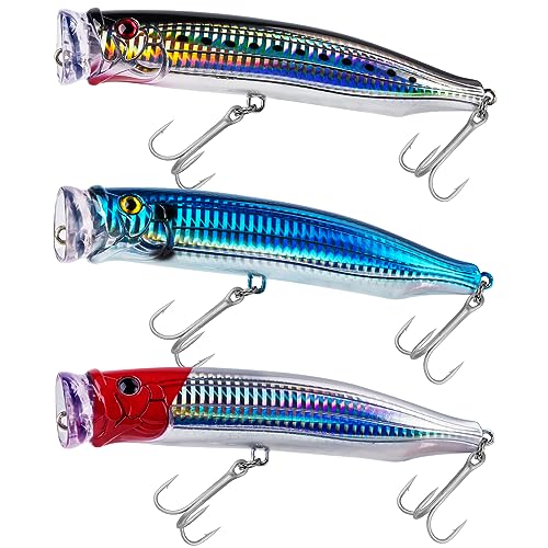 THKFISH Popper Lures Saltwater Tuna Popper Topwater Fishing Lures for Surf Fishing Bass with 3D Eyes for GT Tuna Large Fish 5.9in 1pc/3pcs - color: 3PCS-BLUE-RED-BLACK