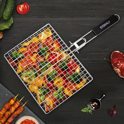 Portable Grill Basket, EISINLY BBQ Grilling Basket for Outdoor Grill with Removable Handle, Stainless Steel Camping Cooking Grill Accessories for Chicken Fish Vegetable