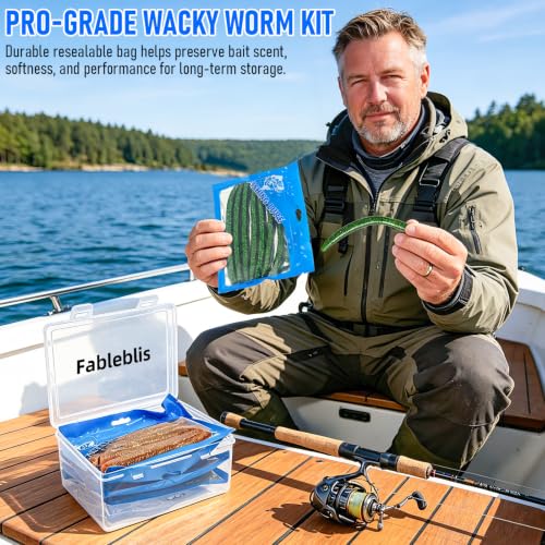 Wacky Worms for Bass Fishing, Fableblis 161Pcs 5.5" Soft Plastic Fishing Lures Kits, Fishing Worm Baits with Wacky Rig Tool, Thick O-Rings, Hooks, Weights, Complete Starter Kit for Freshwater Fishing