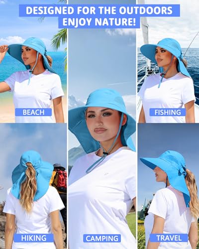 Womens Sun Hat Outdoor UV Protection Wide Brim Fishing Hat with Ponytail Hole Neck Flap for Beach Hiking Camping - color: Sky Blue