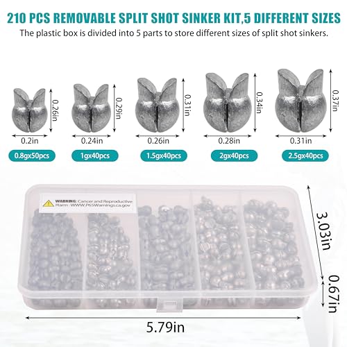 Split Shot Fishing Weights Kit, 180/210pcs Removable Round Fishing Weights Sinkers Clip On Shot Weights Fly Fishing Line Sinkers Fishing Sinkers for Freshwater Saltwater - color: 210pcs-small（0.8g 1g 1.5g 2g 2.5g）