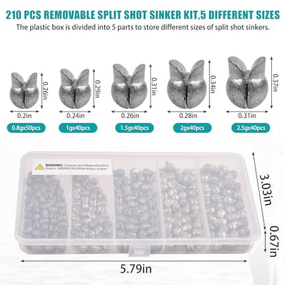 Split Shot Fishing Weights Kit, 180/210pcs Removable Round Fishing Weights Sinkers Clip On Shot Weights Fly Fishing Line Sinkers Fishing Sinkers for Freshwater Saltwater - color: 210pcs-small（0.8g 1g 1.5g 2g 2.5g）