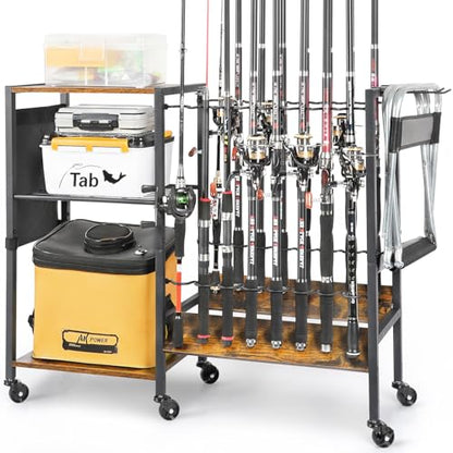 Olakee Fishing Rod Holders, Rolling Fishing Rod Rack for Garage & Boat, Tackle Box & Reel Holder Cart, Easy Assembly Fishing Gear Management System, Ideal Birthday Gift for Men Dad Anglers - color: 16 Rods,Carbonized Black