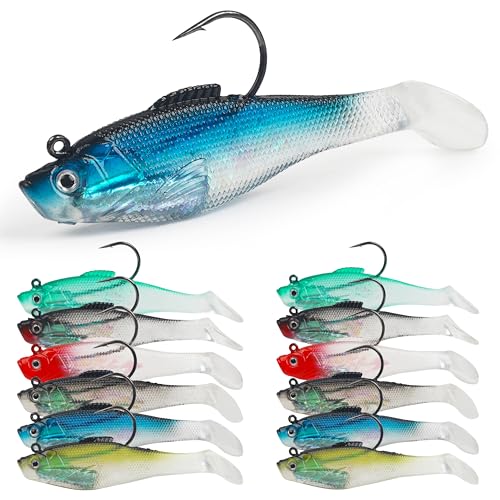 Pre-Rigged Swimbaits, 6/12pcs Paddle Tail Swim Baits Swim Shad Jig Head Fishing Lures Soft Plastic Swimbaits for Bass Trout Walleye Crappie - size: 3.93inch/0.96oz, style: 12pcs