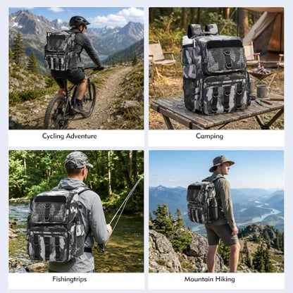 MGB 46L Water-resistant Fishing Tackle Backpack with Rod Holders, Fishing Gifts - color: Grey+black Camo（without Tackle Box）