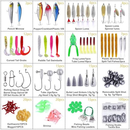 PLUSINNO Fishing Lures, All-in-One Fishing Tackle Box with Tackle Included, Fishing Gear Lure Bait Accessories Kit for Freshwater Bass Trout, Ideal Fishing Gifts for Men, Father & Beginners - color: 302Pcs Fishing Lures Kit