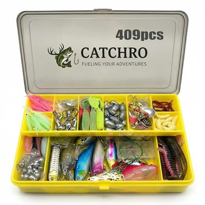 CATCHRO 409 Pcs Fishing Lure Kit & Tackle Box Set, Complete Fishing Stuff for Freshwater & Saltwater, Kids Tackle Box with Hooks, Lures & Accessories, Ideal Gifts for Fishermen & All Skill Levels.