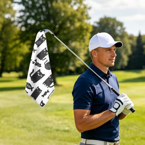 Black Cat Fish White Pattern Magnetic Golf Towel for Golf Bags Microfiber Golf Essentials for Men Women with Carabiner Clip Attaches to Carts and Clubs, 17.7"x17.7"