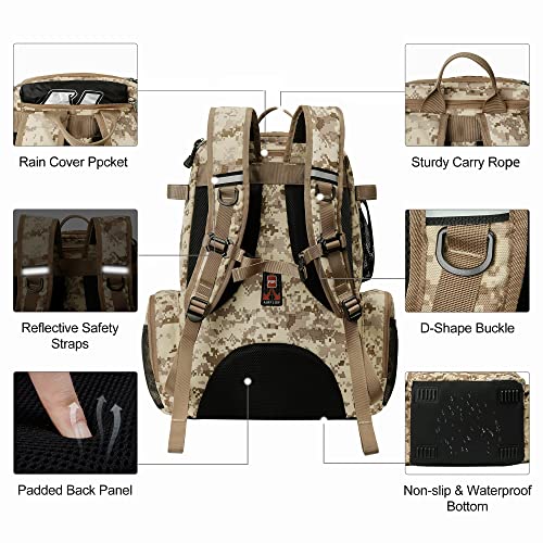 N NEVO RHINO Fishing Tackle Backpack with Rod Holders, 40L Large Fishing Bag with Waterproof Rain Cover,Outdoor Tackle Bag - color: Camouflage Yellow Pack without 4 Trays, size: Pack without 4 Trays