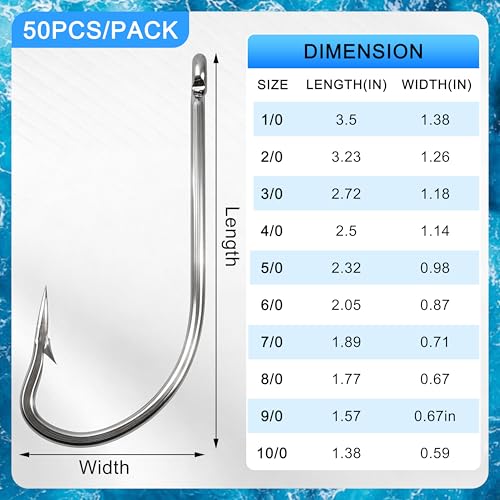 Stainless Steel Saltwater Fishing Hooks - 50pcs O'shaughnessy Hooks Forged Long Shank J Fishing Hooks Extra Strong Fish Hooks for Trolling Sea Bass Striper Cod Bluefish Size 1/0-10/0 - size: 2/0-50pcs