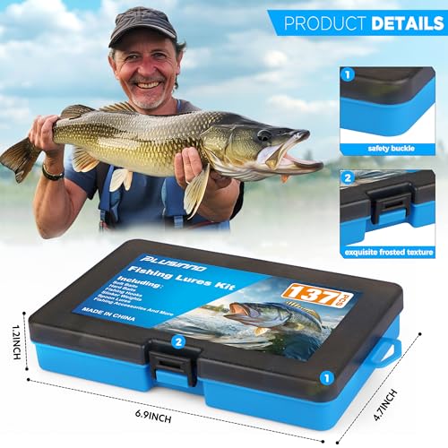 PLUSINNO Fishing Lures, 137Pcs Tackle Box with Tackle Included, Crankbaits, Spoon, Hooks, Weights & Other Accessories, Fishing Bait Lure Gear Kit Gift for Men Bass Freshwater - color: BLUE