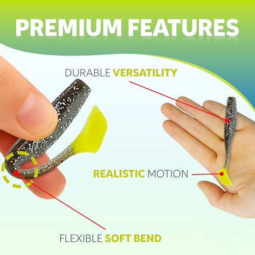 Soft Plastic Paddle Tail Swimbaits – 3 1/4", 4" & 5" Soft Plastic Fishing Lures with Extra-Large Tail for Lifelike Swimming Action – Freshwater & Saltwater - color: Oliver Twist with Chartreuse Tail, size: 3 1/4 Inch - 12 Pack