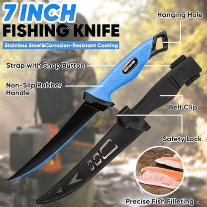 7 Pcs Fishing Tool Kit, Fishing Gear - Rust Resistant Fishing Pliers with Lanyard & Sheaths, 7-inch Fillet Knife, Fishing Lip Gripper, Fishing Scissors & Tool Retractor