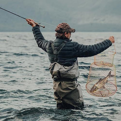 Floating Fish Basket, Sturdy Stainless Steel Collapsible Fishing Net Cage with Spring Door, Portable Foldable Round Metal Fish Trap for Shrimp Crab Trout Outdoor Fishing