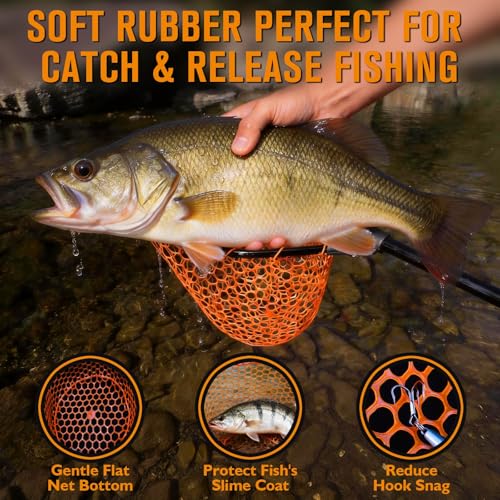 Dovesun Rubber Fishing Landing Nets Telescopic Handle Nets Folding Nets with Collapsible Handle for Catch & Release Fishing Gift 17.6" dia-13.7" Depth Black/Orange - color: Orange