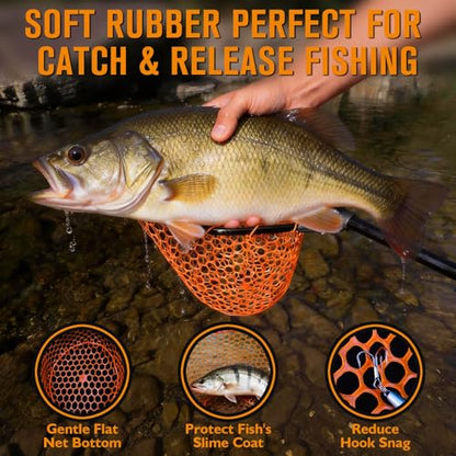 Dovesun Rubber Fishing Landing Nets Telescopic Handle Nets Folding Nets with Collapsible Handle for Catch & Release Fishing Gift 17.6" dia-13.7" Depth Black/Orange - color: Orange