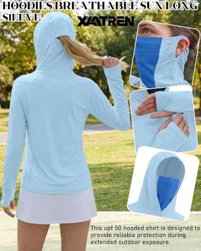 Xaatren 3 Pack Women's UPF 50+ Sun Hoodies with Face Mask Thumb Holes Quick Dry Fishing Shirts UV Protection Hiking Shirt - color: Purple, Blue, White, size: Small
