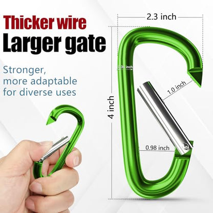 sprookber 4" & 5" Extra Large Aluminum Carabiner D Ring, Caribeener Clips, Spring Snap Hook for Keychain Clip, Set of 4 - color: green-4", size: 4 inch