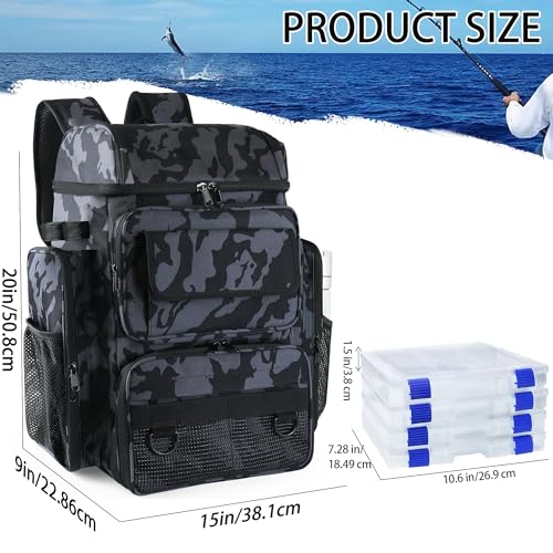 Fishing Backpack with 4 Tackle Boxes, 45L Large Tackle Bag & Fishing Tackle Backpack for Fishing, Camping, Hiking,Camouflage - color: Camouflage(with 4 Boxes)